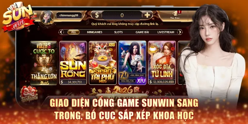 Giao diện cổng game Sunwin sang trọng, bố cục sắp xếp khoa học